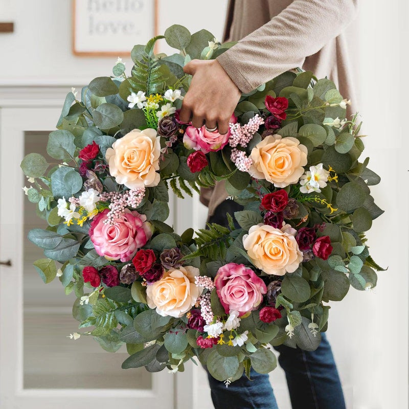 WANNA-CUL 24 Inch Spring Valentines Day Wreaths for Front Door,Spring Mothers Day Wreath Gifts Decorations with Pink,Champagne, Burgundy Rose and Eucalyptus Leaves for Wedding or Indoor&Outdoor Decor - Image 4